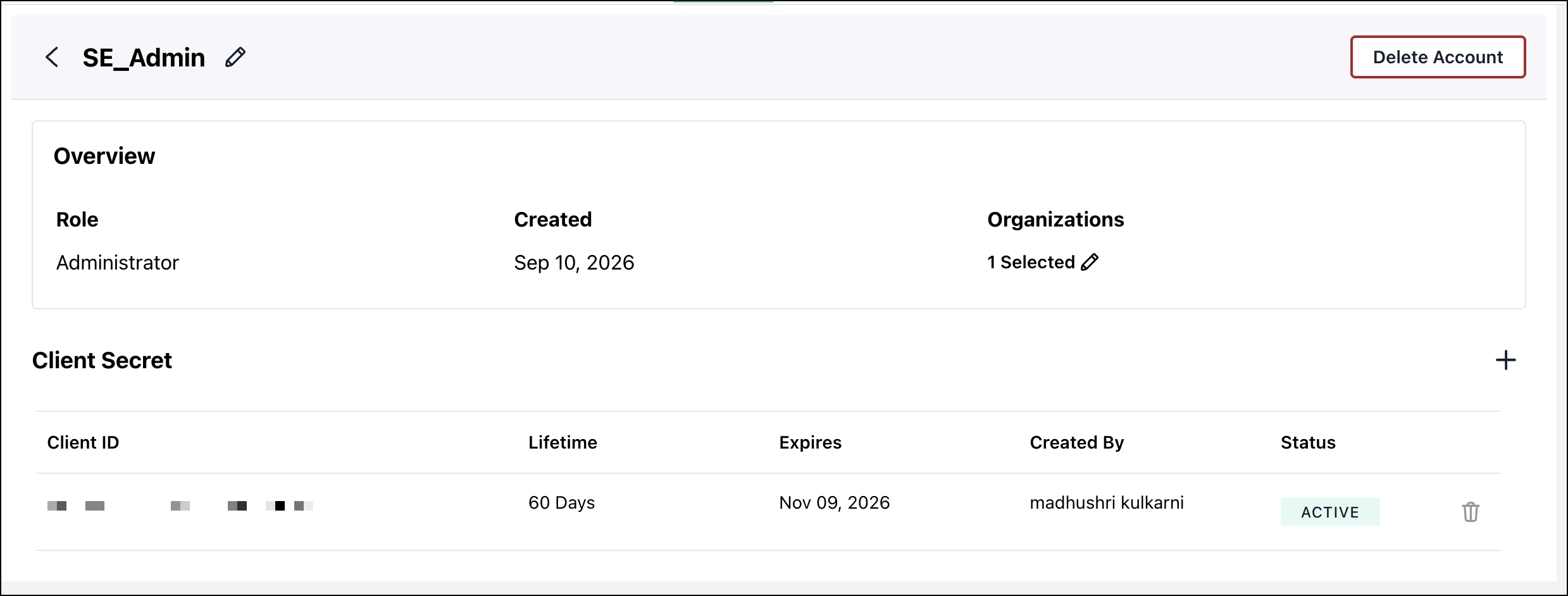 A screenshot showing service account details in the multi-tenant portal.